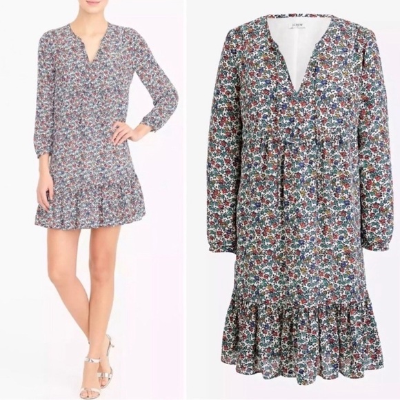 J. Crew Dresses & Skirts - J.Crew Fiery Sunset Floral Long Sleeve V-Neck Printed Flowy Dress Size XXS